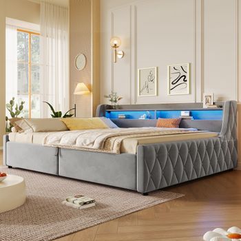 Cama Con Cofre Hidráulico Acolchado Doble En Terciopelo Gris Con Iluminación Led, 140x200 Cm