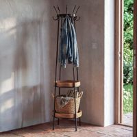 perchero de pie de acero negro y madera de mango con 2 estantes  muy estable 18kg