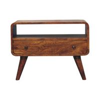 mueble multimedia curvo de madera maciza estilo artesanal color castano pequeno