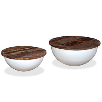 Set Pack 2 Uds Mesa De Centro，mesa Auxiliar，mesa De Café Forma De Bol Madera Reciclada Blanco