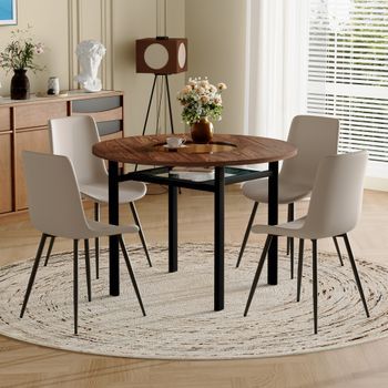 Mesa Y 4 Sillas - Mueble De Comedor - Mdf, Metal Y Pu - Marrón Y Gris (100x100cm)