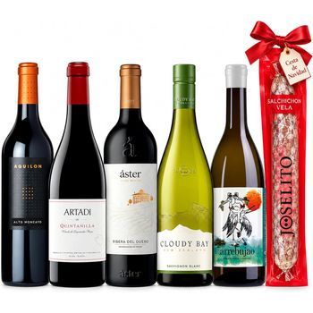 Cesta Navidad Alto Moncayo Aquilón, Artadi Quintanilla Y 3 Vinos Seleccionados - 5 Botellas + 1 Salchichón