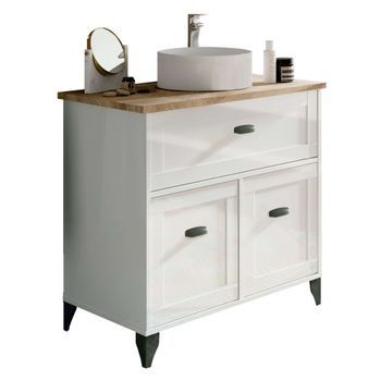 Cottage Mueble De Baño 82cm Blanco Y Roble Cambrian 1 Cajón 2 Puertas Sin Lavabo