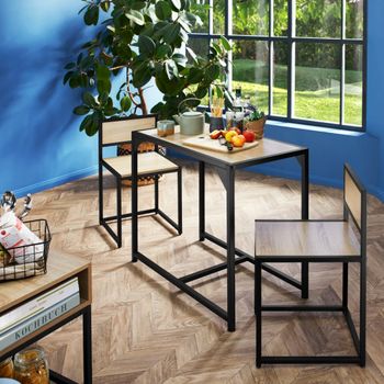 Juego de comedor industrial de 3 piezas, mesa y 2 sillas madera oscura