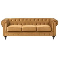 sofa 3 plazas chesterfield tapizado en tela de terciopelo patas de madera oscura estilo contemporaneo dorado chesterfield
