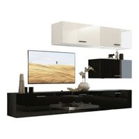 conjunto de muebles de salon altos blancos y bajos negros suspendidos coleccion cepto xxv 249 cm 6 muebles leds modulares