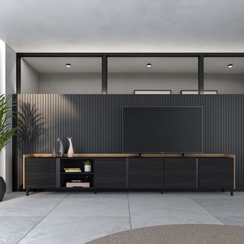 Mueble tv efecto madera negro y roble 309x35x61cm con patas