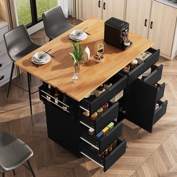 Isla De Cocina Extensible, Encimera, Especiero, 8 Cajones, Color Negro.
