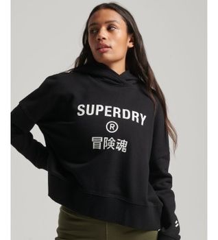Superdry para mujer. W2011829A Sudadera Core Sport corta de corte cuadrado con capucha negro (XS), Casual, Algodón, Manga larga