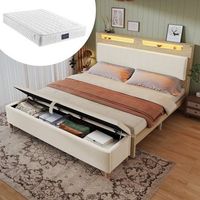 cama doble 140x200 roble claro madera cabecero terciopelo beige almacenamiento led banco almacenamiento con colchon
