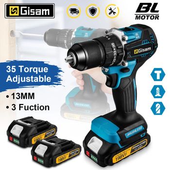 Taladro Eléctrico GIsam de 13mm, Atornillador de Impacto Sin Escobillas, Doble Velocidad, 35+3 Niveles de Torque, Herramienta Eléctrica Inalámbrica para Baterías Makita de 18V
