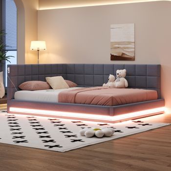 Canapé-lit Acolchado Multifuncional Con Led, Usb Y Somier De Lamas, Lino Gris 160 X 200 Cm