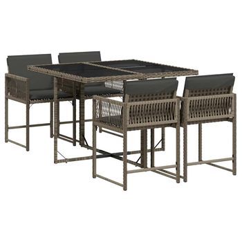 Set Comedor De Jardín 5 Uds | Conjunto Mueble Jardin Mesa Y Sillas Con Cojines Ratán Sintético Gris