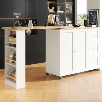 Isla De Cocina Extensible De 135 A 203 Cm, Blanca, Giratoria Y Con Ruedas