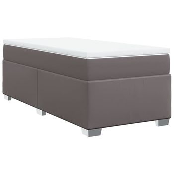 Cama Individual | Cama De Adulto | Cama Box Spring Con Colchón Cuero Sintético Gris 90x190 Cm