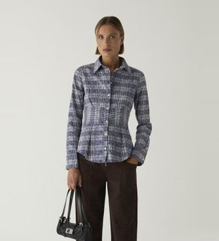 LAAGAM para mujer. M2610 Camisa Hella de cuadros marino (M), Casual, Algodón, Manga larga