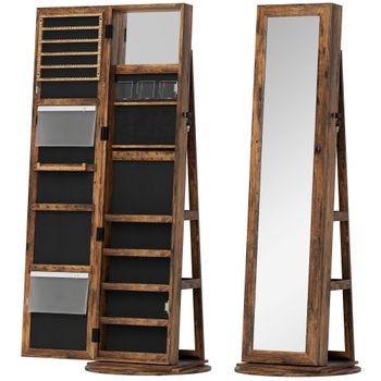 HOMCOM Espejo Joyero de Pie Giratorio 360° con Estantes y Cerradura, 55x55x161 cm, Marrón Rústico   Aosom España