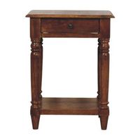 mesita auxiliar de madera maciza estilo artesanal con patas torneadas y 1 cajon color castano