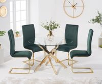 denver 110cm gold leg glass dining table with malaga velvet chairs - grey 4 chairs