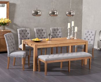 Verona 180cm Solid Oak Dining Table with Claudia Fabric Chairs and Camille Grey Fabric Bench