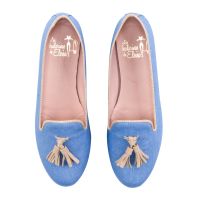 slipper de lino color azul borlas ante beige - modelo ruca