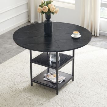 Sweiko Mesa Comedor Redonda 107 Cm Diámetro, 2-4 Personas, Tablero Mdf Negro + Estructura Metálica Con Doble Nivel Almacenamiento