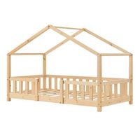 cama para ninos de madera pino - 80 x 160 cm - cama infantil con reja protectora - casita - forma de casa - pino natural encasa