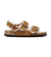 birkenstock para mujer 1025515 sandalias milano shearling ante ajuste estrecho marron 38 plano hebilla casual