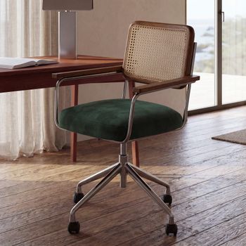 Silla de escritorio giratoria de terciopelo verde y ratán