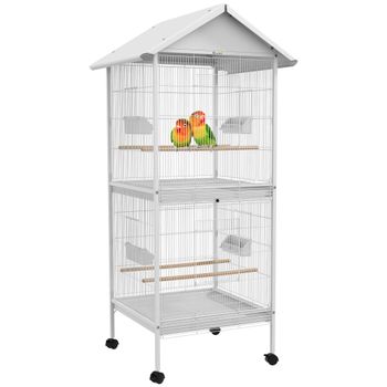 PawHut Jaula para Pájaros 2 en 1 Grande de 2 Pisos Convertible en Sola Jaula con Ruedas Comederos 4 Perchas 78x75x168 cm Blanco   Aosom España