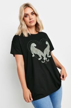 Yours Camiseta Negra De Leopardos Y Corazón Con Tachas, Mujer Curvy Y Tallas Grandes, Yours