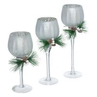 juego de 3 portavelas de vidrio con pie h30cm plata