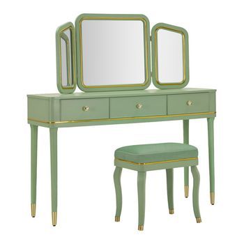 Tocador De Madera Verde Con Detalles Dorados Y Taburete Cm 120x37x79-104x2,5x56-44x34x48
