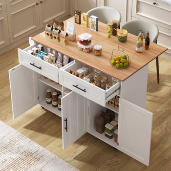 Carrito De Cocina De 129x46(71)x91,5 Cm, Tapa Plegable, Estantes En Las Puertas, 5 Ruedas, 2 Cajones, Blanco+natural