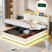 cama contenedor con cabecero 160 x 200 cm - puerto usb  led - tela de lino - somier de laminas incluido - beige