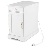 costway mesita de noche con estacion de carga mueble de madera con cajon armario y estante ajustable para dormitorio salon y sofa blanco