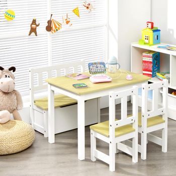 Set 4 Piezas Mesa Sillas Niños Actividad Madera 2 En 1 Sillas Banco Jugar Dibujar Leer Comer Natural