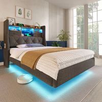 cama individual 90x200 cm tapizada gris de lino con iluminacion led