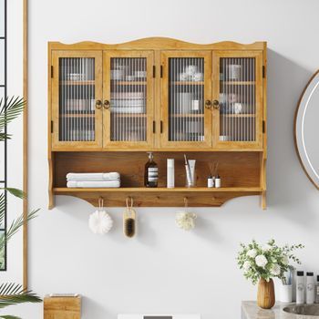 Armario De Pared - Mueble De Baño Y Cocina - Madera Maciza Y Vidrio - Natural (100x20x80cm)