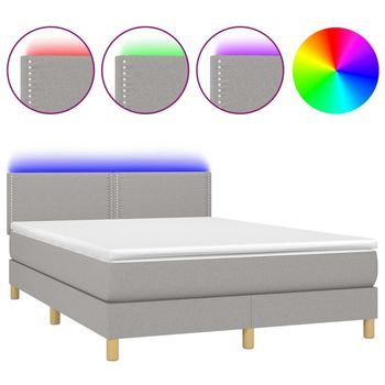 Cama Box Spring Colchón Y Luces Led Tela Gris Claro 140x200 Cm Vidaxl