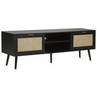 mueble de tv de ratan frontal de mimbre mdf madera de caucho negro patas 2 vitrinas estantes abiertos sala de estar de estilo boho negro opoco