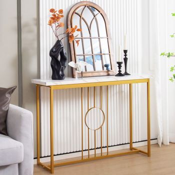 Mesa Consola | Mesa Auxiliar De Entrada Moderna Larga 120x30x80.5cm Marco Dorado Blanco