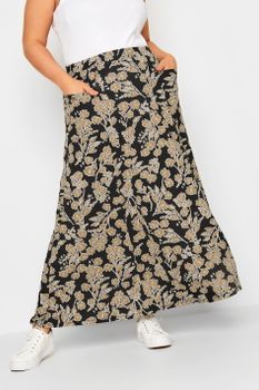 Yours Falda Larga Negra Con Flores Doradas, Mujer Curvy Y Tallas Grandes, Yours