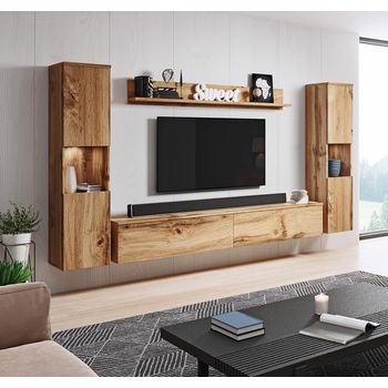 Conjunto De Muebles De Salón Paris Xl, Juego De Muebles De Salón, Mueble De Tv, Con Iluminación Led, Color Wotan