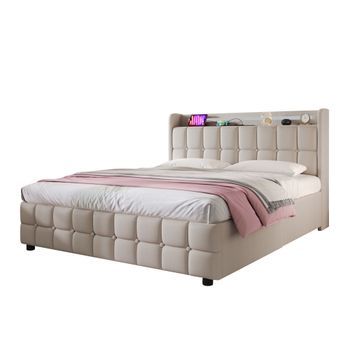 Cama Tapizada Con Función De Carga Usb, Cabecero E Iluminación Led Y 4 Cajones, Cama Doble 160x200cm, Beige (sin Colchón)