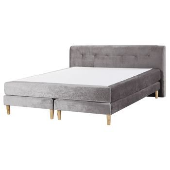 Cama Continental Tapizada En Terciopelo Gris 160 X 200 Cm Con Colchón De Muelles Embolsados Con Cabecero Marquise