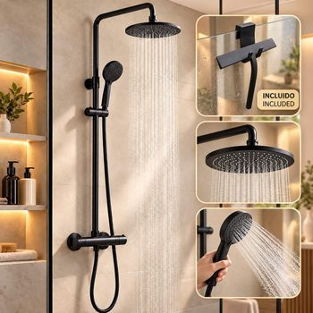 Kibath Columna De Ducha Termostático | Altura Regulable 83-120 Cm | Latón Macizo Negro Mate | Diseño Redondo Con Rociador Efecto Lluvia Y Alcachofa | Ideal Techos Altos