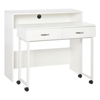 HOMCOM Escritorios Apilables Conjunto 2 Mesas Escritorio para Ordenador Portátil con Ruedas 2 Cajones para Oficina 100x36x88 cm Blanco   Aosom España