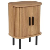mesita de noche retro puertas correderas mdf patas de metal madera clara bradley
