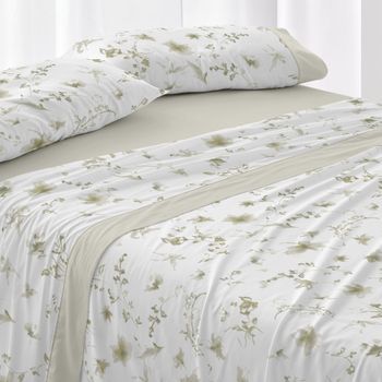 Juego De Sábanas 50% Algodón Floral Cama De 135 Cm - Salvia - Burrito Blanco